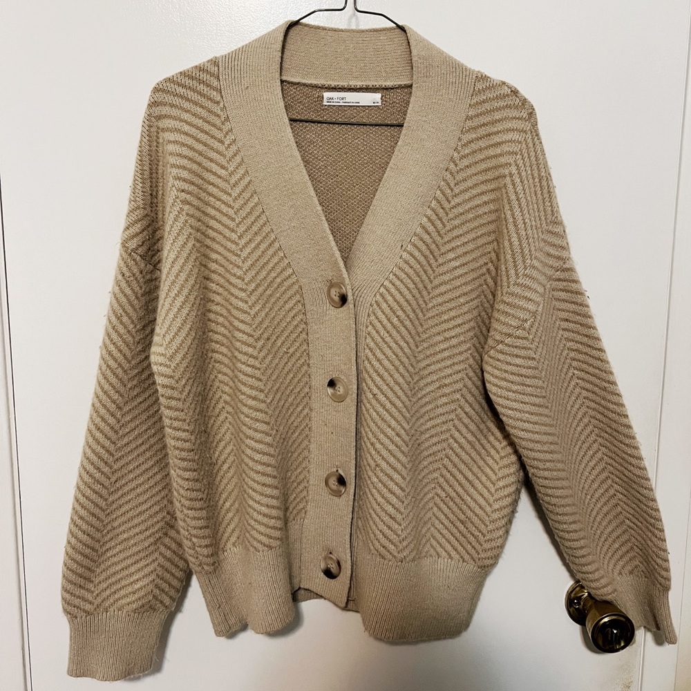 Oak + Fort XS Herringbone Cardigan Cream Fog